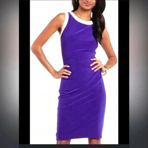 CHAPS DRESS‎ STRAIGHT MIDI PURPLE & WHITE CINCHED WAIST SLEEVELESS STRETCH LARGE
